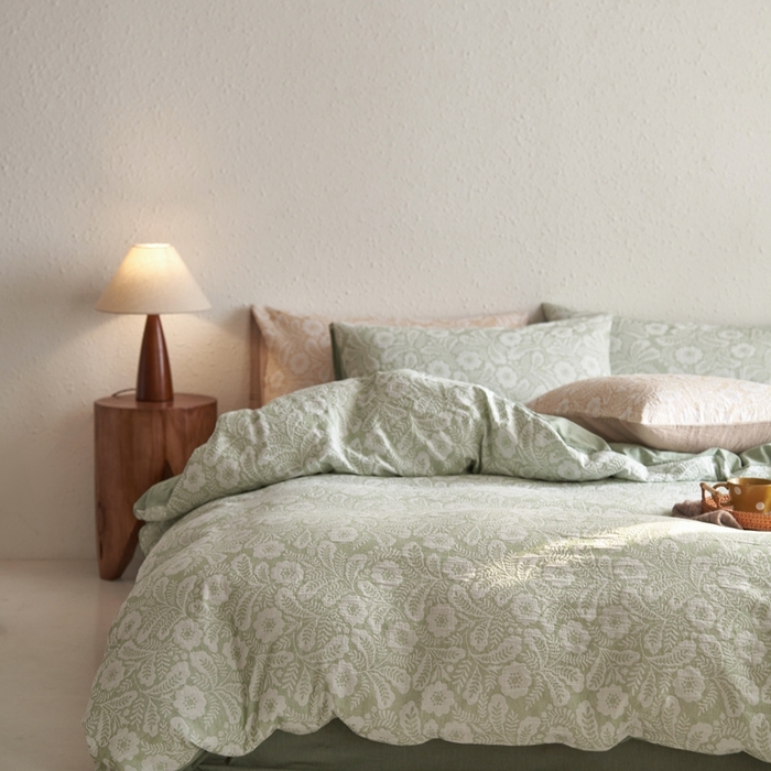 91家纺网 家纺一手货源 找家纺 安莱生活 2025新款凤尾花语色织双层纱大提花基础款四件套 凤尾花语-嫩绿