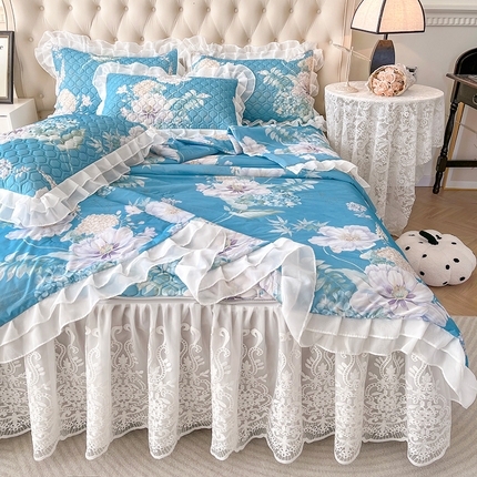 虹星家纺 2024新款凉感丝印花可拆床裙套件-夏被凉席四件套 花语自然