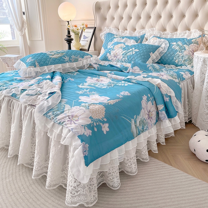 91家纺网 家纺一手货源 找家纺 虹星家纺 2024新款凉感丝印花可拆床裙套件-夏被凉席四件套 花语自然