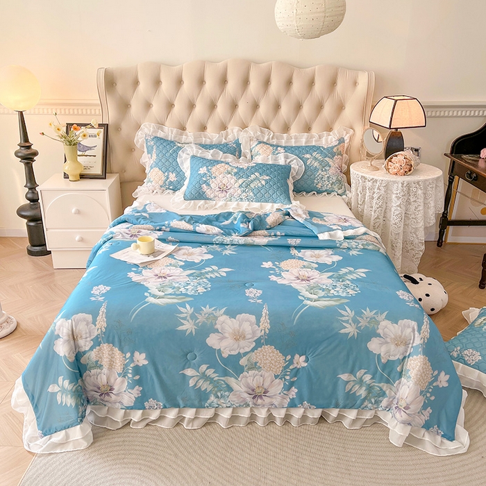 91家纺网 家纺一手货源 找家纺 虹星家纺 2024新款凉感丝印花可拆床裙套件-夏被凉席四件套 花语自然