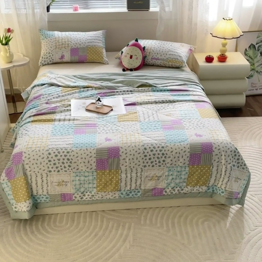 91家纺网 家纺一手货源 找家纺 金柚子2024新款全棉印花夏凉被 温馨花园-绿