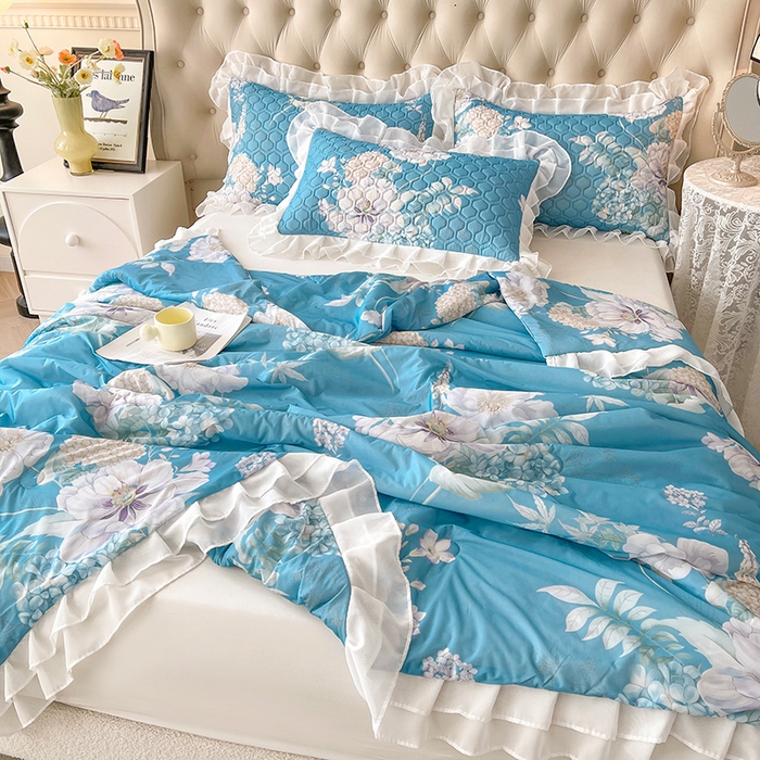 91家纺网 家纺一手货源 找家纺 虹星家纺 2024新款凉感丝印花可拆床裙套件-夏被凉席四件套 花语自然