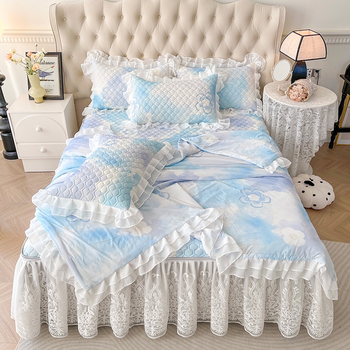 91家纺网 家纺一手货源 找家纺 虹星家纺 2024新款凉感丝印花可拆床裙套件-夏被凉席四件套 花花梦境