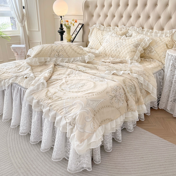 91家纺网 家纺一手货源 找家纺 虹星家纺 2024新款凉感丝印花可拆床裙套件-夏被凉席四件套 欧式雅韵