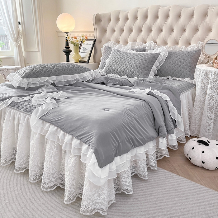 91家纺网 家纺一手货源 找家纺 虹星家纺 2024新款凉感丝印花可拆床裙套件-夏被凉席四件套 月光灰