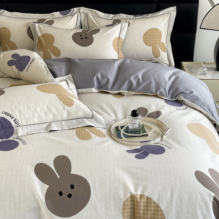 91家纺网 家纺一手货源 找家纺 7V 2024新款轻奢13376纯棉全棉喷气四件套 兔宝-灰