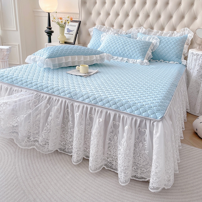 91家纺网 家纺一手货源 找家纺 虹星家纺 2024新款凉感丝印花可拆床裙套件-三件套 天空蓝