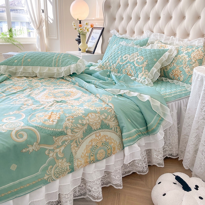 91家纺网 家纺一手货源 找家纺 虹星家纺 2024新款凉感丝印花可拆床裙套件-夏被凉席四件套 悠情假日