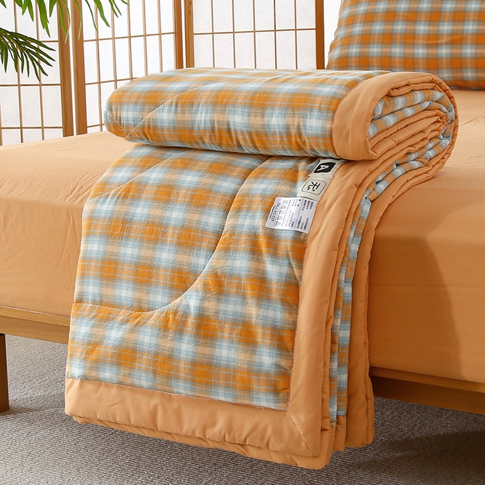 91家纺网 家纺一手货源 找家纺 迪乐妮家居 2024新款色织全棉夏被四件套 蜜橘格