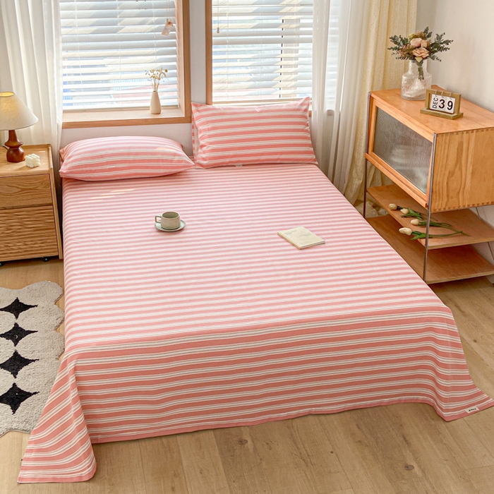 91家纺网 家纺一手货源 找家纺 新印象 2025新款原棉包边工艺款老粗布床单三件套 条纹粉