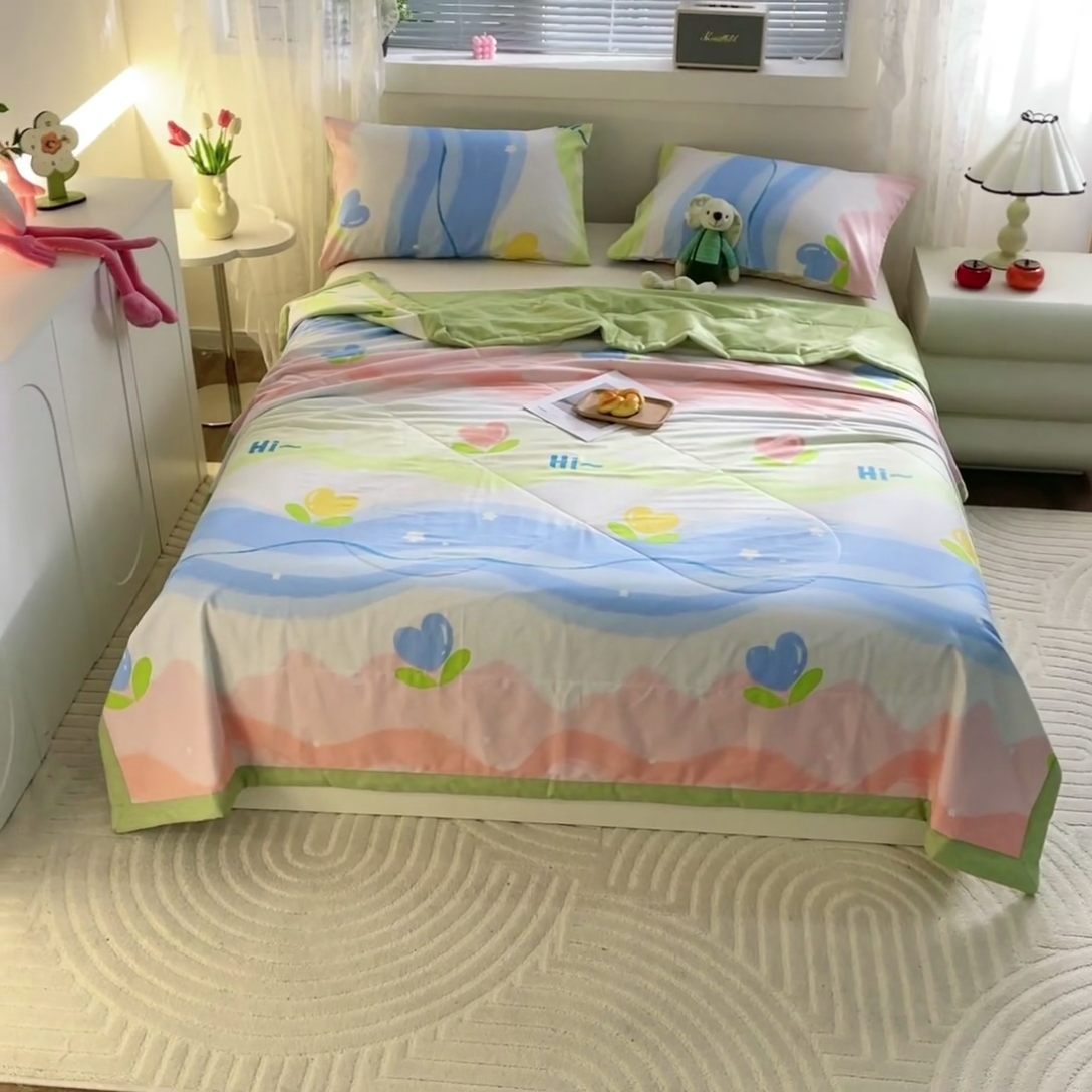 91家纺网 家纺一手货源 找家纺 金柚子2024新款全棉印花夏凉被 天使之心-粉