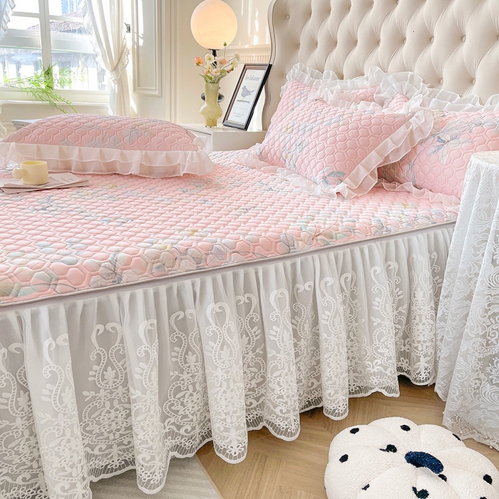 91家纺网 家纺一手货源 找家纺 虹星家纺 2024新款凉感丝印花可拆床裙套件-三件套 叶语浪漫