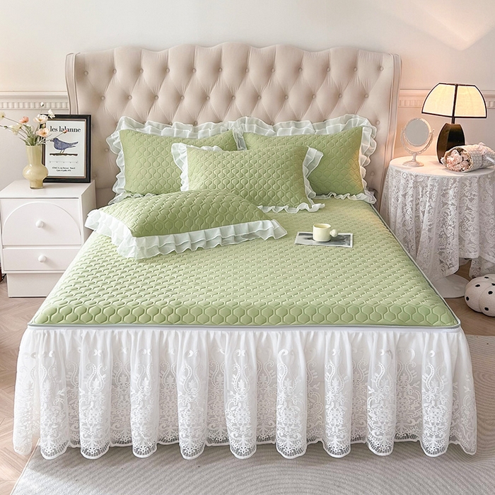 91家纺网 家纺一手货源 找家纺 虹星家纺 2024新款凉感丝印花可拆床裙套件-三件套 初禾绿