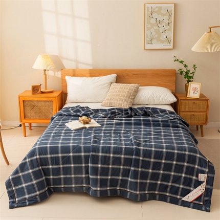 21度C 2024新款A类全棉色织水洗棉棉花夏被 深蓝格