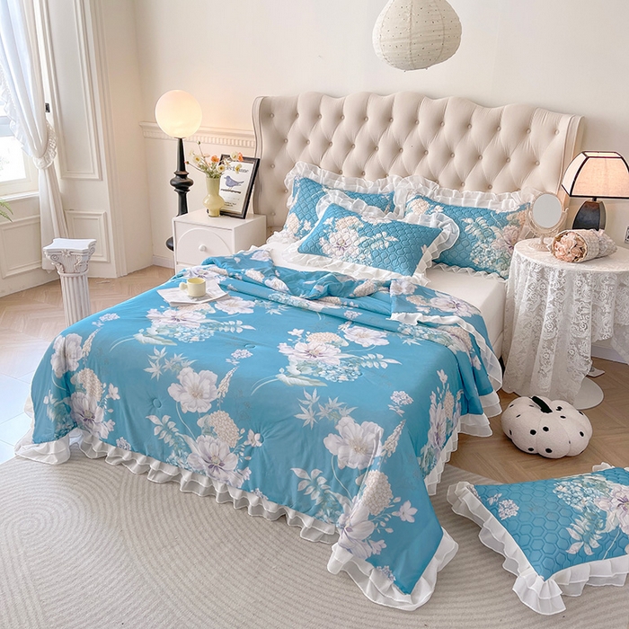 91家纺网 家纺一手货源 找家纺 虹星家纺 2024新款凉感丝印花可拆床裙套件-夏被凉席四件套 花语自然