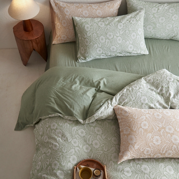 91家纺网 家纺一手货源 找家纺 安莱生活 2025新款凤尾花语色织双层纱大提花基础款四件套 凤尾花语-嫩绿