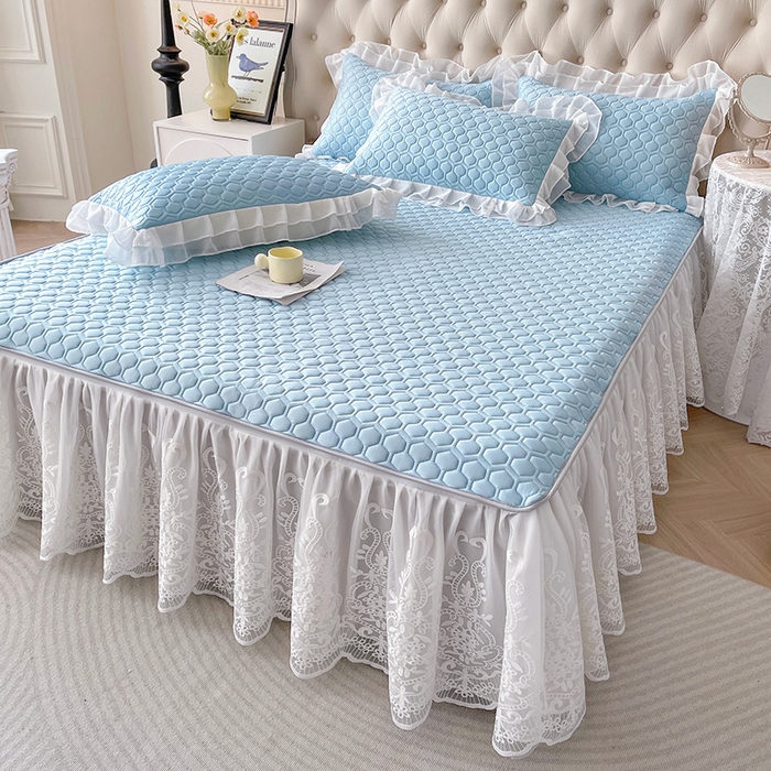 91家纺网 家纺一手货源 找家纺 虹星家纺 2024新款凉感丝印花可拆床裙套件-三件套 天空蓝