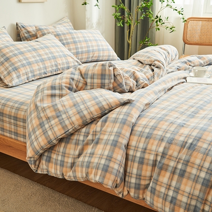 21度C 2024新款全棉水洗棉四件套 七分格蓝