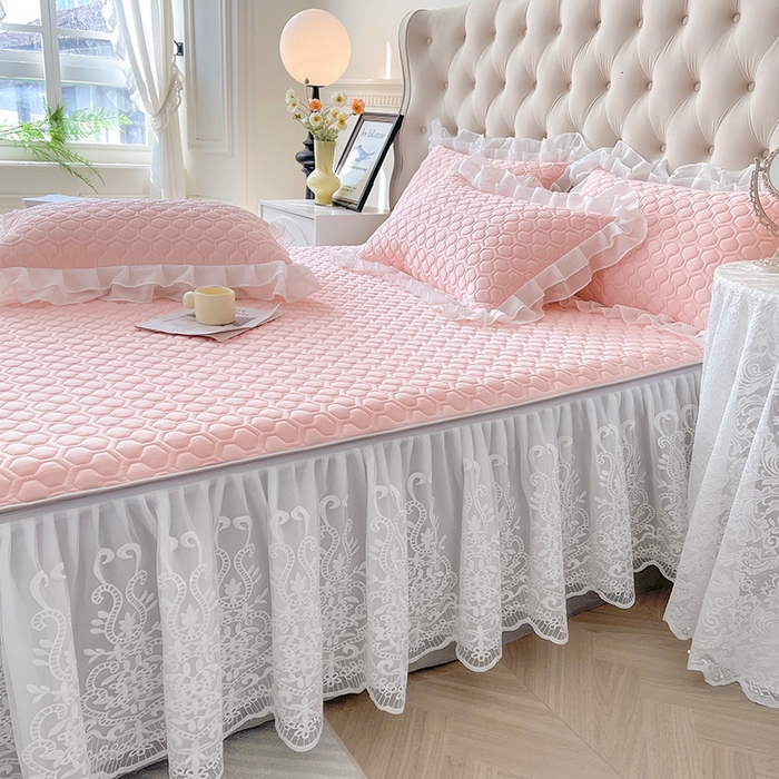 91家纺网 家纺一手货源 找家纺 虹星家纺 2024新款凉感丝印花可拆床裙套件-三件套 仙女粉