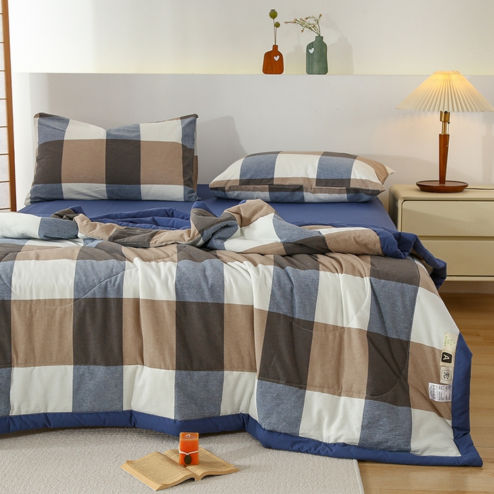 91家纺网 家纺一手货源 找家纺 迪乐妮家居 2024新款色织全棉夏被四件套 蓝大格