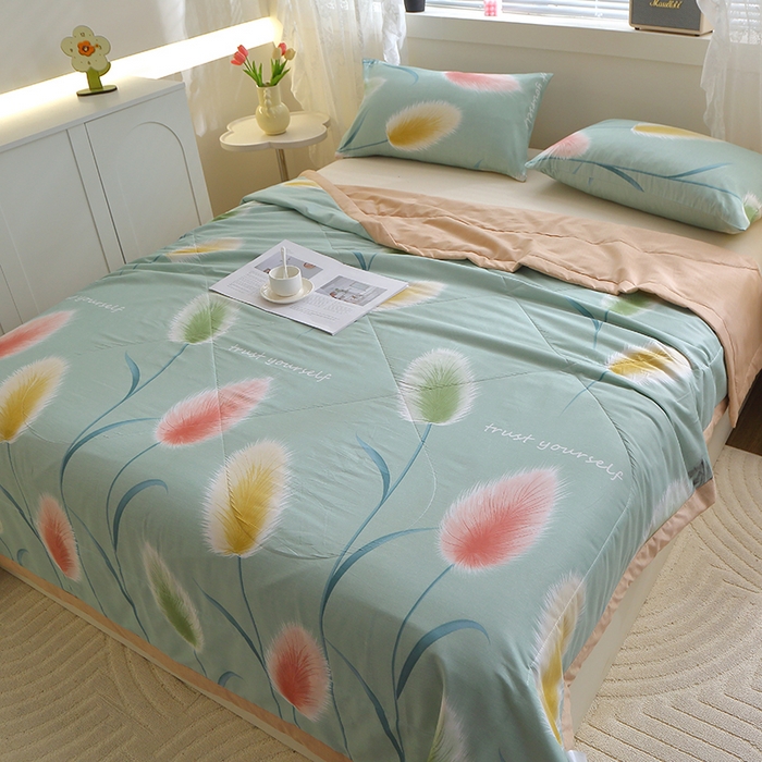 91家纺网 家纺一手货源 找家纺 金柚子2024新款全棉印花夏凉被 随风摇曳-绿