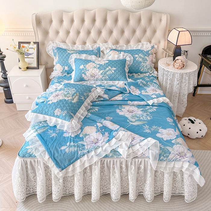 91家纺网 家纺一手货源 找家纺 虹星家纺 2024新款凉感丝印花可拆床裙套件-夏被凉席四件套 花语自然