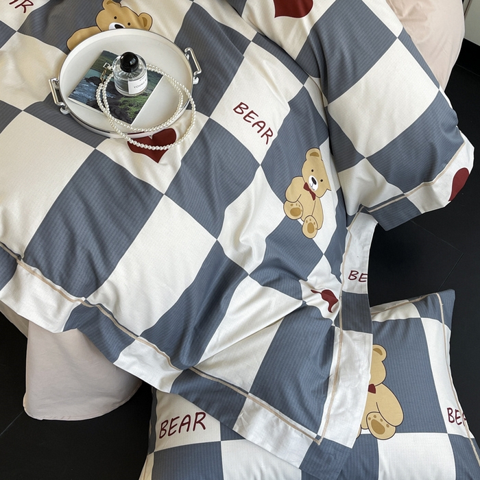 91家纺网 家纺一手货源 找家纺 7V 2024新款轻奢13376纯棉全棉喷气四件套 爱心熊宝-灰