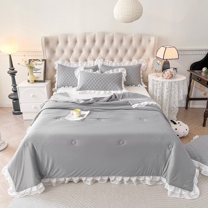 91家纺网 家纺一手货源 找家纺 虹星家纺 2024新款凉感丝印花可拆床裙套件-夏被凉席四件套 月光灰