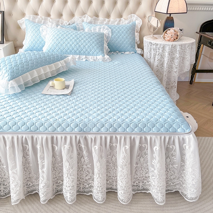 91家纺网 家纺一手货源 找家纺 虹星家纺 2024新款凉感丝印花可拆床裙套件-三件套 天空蓝