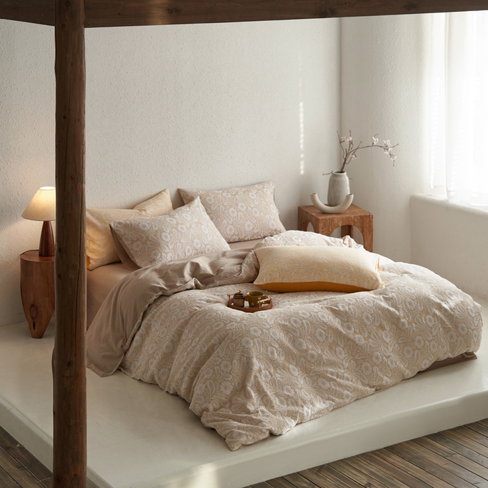 91家纺网 家纺一手货源 找家纺 安莱生活 2025新款凤尾花语色织双层纱大提花基础款四件套 凤尾花语-卡其