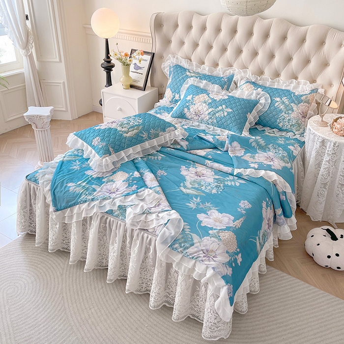 91家纺网 家纺一手货源 找家纺 虹星家纺 2024新款凉感丝印花可拆床裙套件-夏被凉席四件套 花语自然