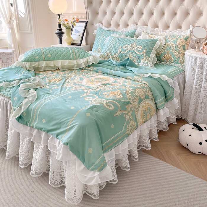 91家纺网 家纺一手货源 找家纺 虹星家纺 2024新款凉感丝印花可拆床裙套件-夏被凉席四件套 悠情假日