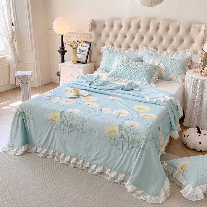 91家纺网 家纺一手货源 找家纺 虹星家纺 2024新款凉感丝印花可拆床裙套件-夏被凉席四件套 柔丝曼舞