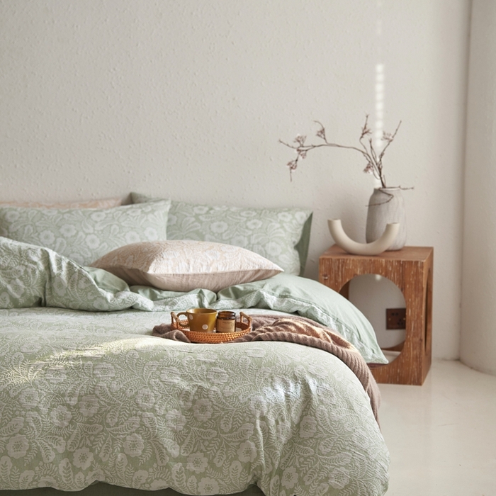 91家纺网 家纺一手货源 找家纺 安莱生活 2025新款凤尾花语色织双层纱大提花基础款四件套 凤尾花语-嫩绿