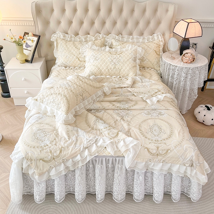 91家纺网 家纺一手货源 找家纺 虹星家纺 2024新款凉感丝印花可拆床裙套件-夏被凉席四件套 欧式雅韵