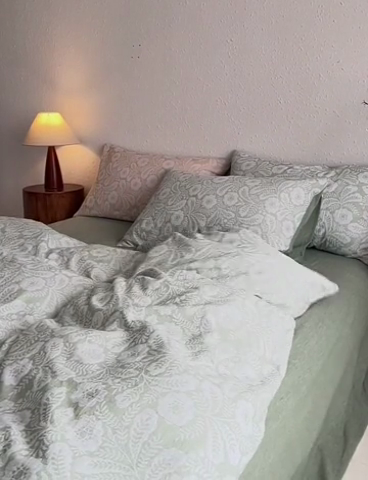 91家纺网 家纺一手货源 找家纺 安莱生活 2025新款凤尾花语色织双层纱大提花基础款四件套 凤尾花语-嫩绿