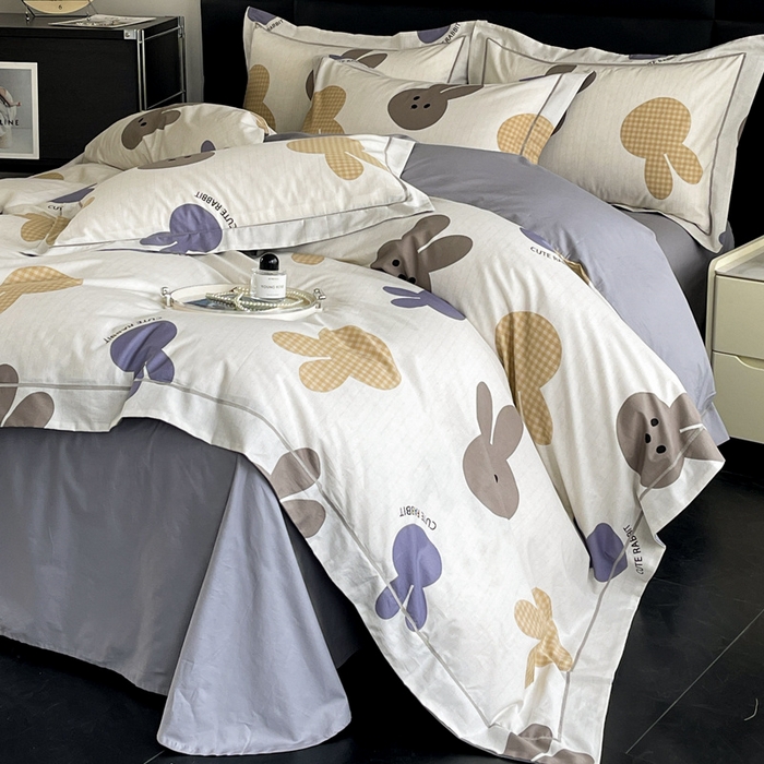 91家纺网 家纺一手货源 找家纺 7V 2024新款轻奢13376纯棉全棉喷气四件套 兔宝-灰