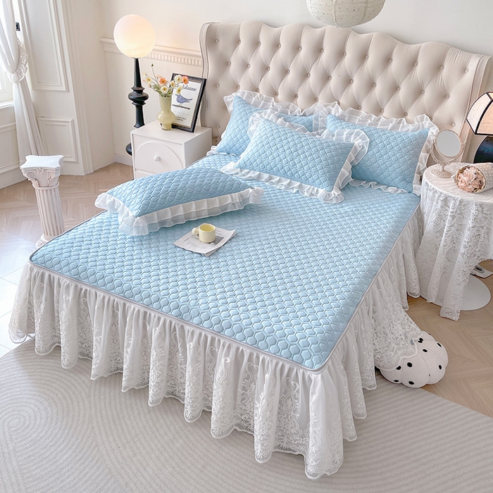 91家纺网 家纺一手货源 找家纺 虹星家纺 2024新款凉感丝印花可拆床裙套件-三件套 天空蓝