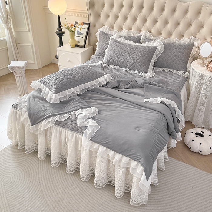 91家纺网 家纺一手货源 找家纺 虹星家纺 2024新款凉感丝印花可拆床裙套件-夏被凉席四件套 月光灰