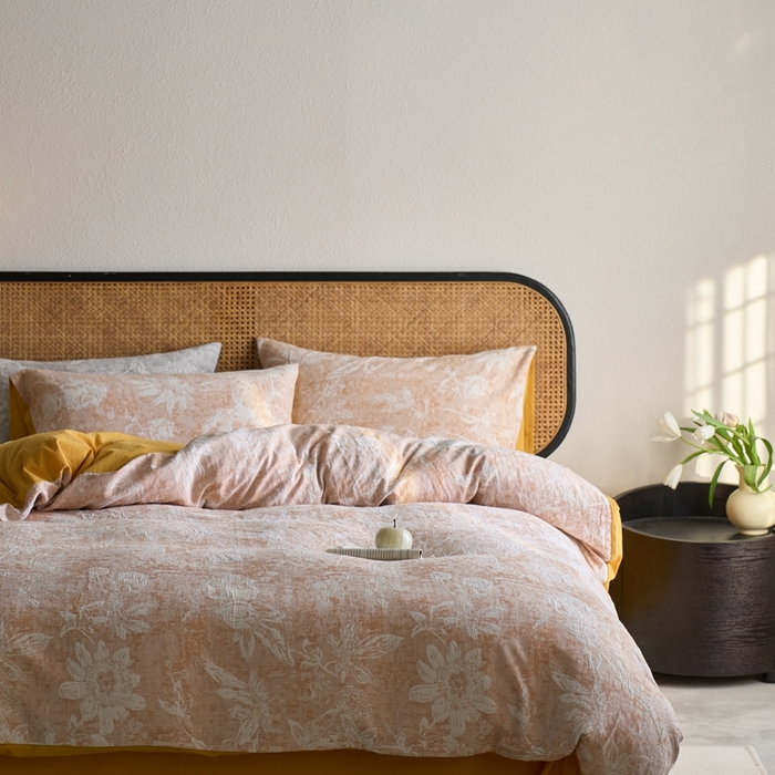 91家纺网 家纺一手货源 找家纺 安莱生活 2025新款蔷薇物语色织双层纱大提花基础款四件套 蔷薇物语-姜黄