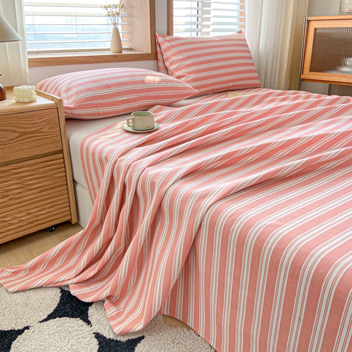 91家纺网 家纺一手货源 找家纺 新印象 2025新款原棉包边工艺款老粗布床单三件套 条纹粉