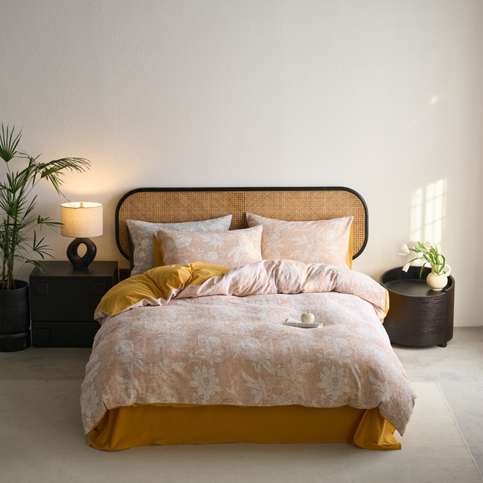 91家纺网 家纺一手货源 找家纺 安莱生活 2025新款蔷薇物语色织双层纱大提花基础款四件套 蔷薇物语-姜黄