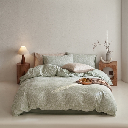 91家纺网 家纺一手货源 找家纺 安莱生活 2025新款凤尾花语色织双层纱大提花基础款四件套 凤尾花语-嫩绿