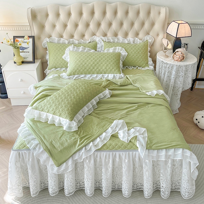 91家纺网 家纺一手货源 找家纺 虹星家纺 2024新款凉感丝印花可拆床裙套件-夏被凉席四件套 初禾绿