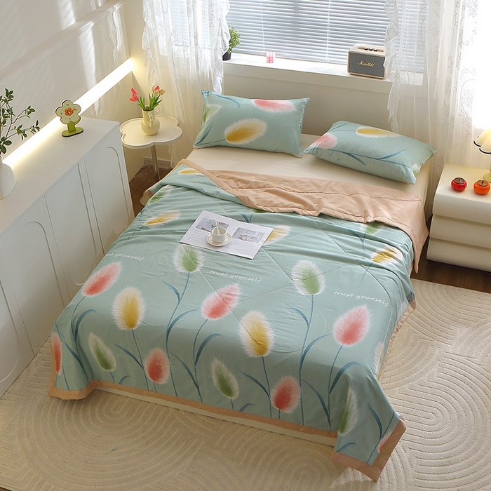 91家纺网 家纺一手货源 找家纺 金柚子2024新款全棉印花夏凉被 随风摇曳-绿