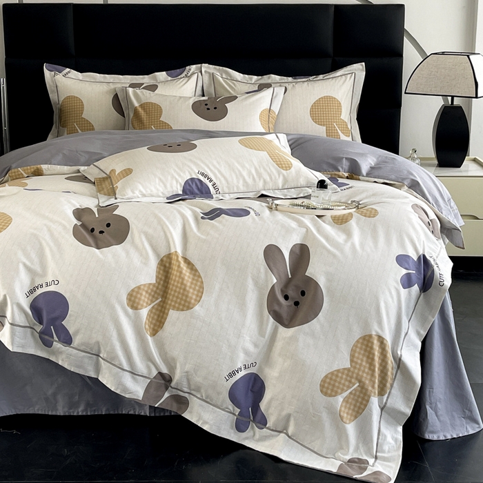 91家纺网 家纺一手货源 找家纺 7V 2024新款轻奢13376纯棉全棉喷气四件套 兔宝-灰