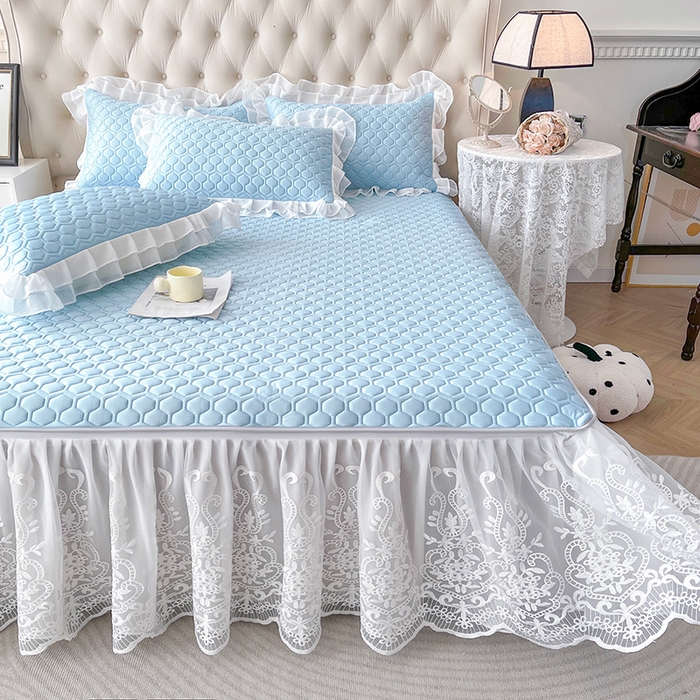 91家纺网 家纺一手货源 找家纺 虹星家纺 2024新款凉感丝印花可拆床裙套件-三件套 天空蓝