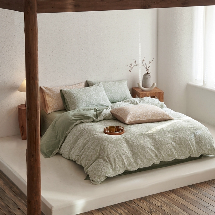 91家纺网 家纺一手货源 找家纺 安莱生活 2025新款凤尾花语色织双层纱大提花基础款四件套 凤尾花语-嫩绿