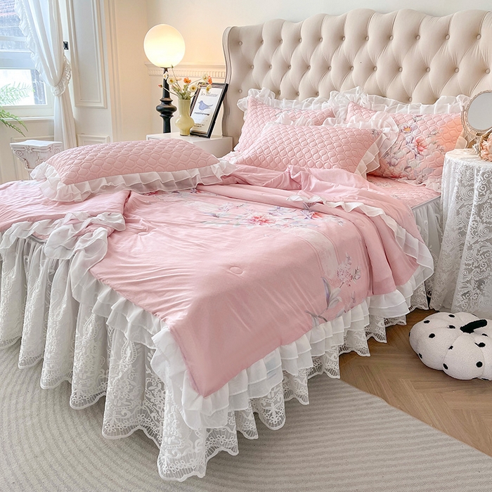 91家纺网 家纺一手货源 找家纺 虹星家纺 2024新款凉感丝印花可拆床裙套件-夏被凉席四件套 静悠香阁