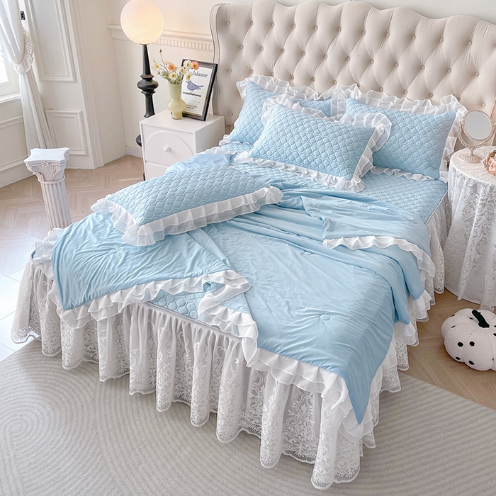 91家纺网 家纺一手货源 找家纺 虹星家纺 2024新款凉感丝印花可拆床裙套件-夏被凉席四件套 天空蓝